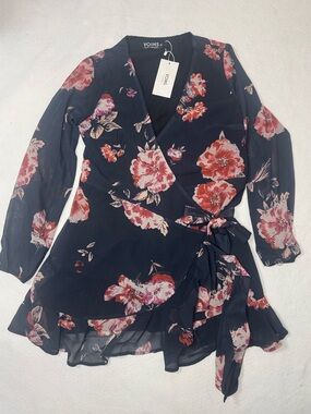 YOINS Navy Floral Wrap Mini Dress with Pink & Coral Blooms